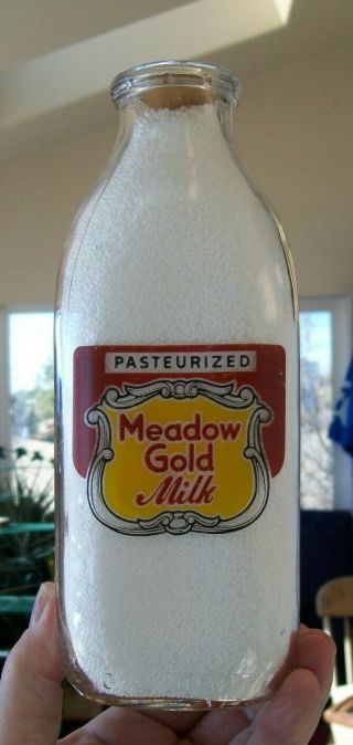 Vintage 1950 Quart 3 Color Pasteurized Meadow Gold Milk Acl Bottle