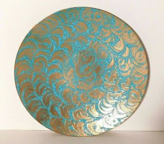 Vtg.  Mcm Lg.  Round Enamel Copper Abstract Plate Signed 11 1/2