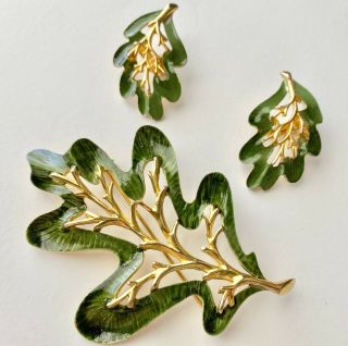 Signed Sarah Cov Vintage Green Enamel Leaf Branch Brooch Pin & Earrings Set 278