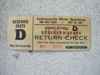 1957 Indianapolis Indy 500 Motor Speedway Return Check Ticket,  Reserved Seats
