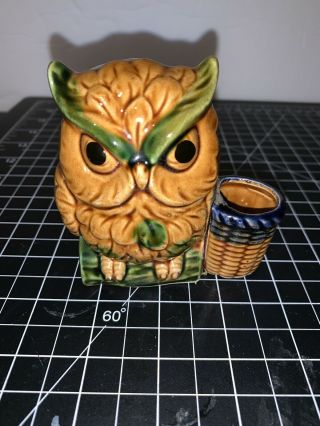 Vintage Green Yellow Ceramic Owl Toothpick Holder Made In Japan