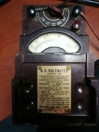 Vintage Weston Electrical Instruments Ac Voltmeter Model 330 W/ Leads