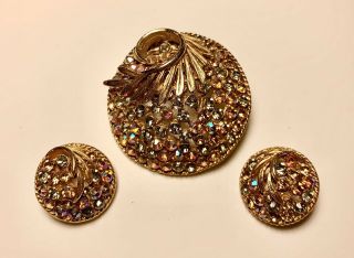 Vintage Bsk Signed Amber Rhinestone Gold Tone Brooch And Earrings Set
