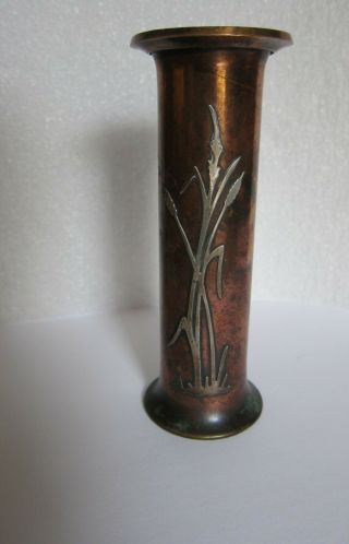 Arts And Crafts Silver Cattails On Copper Vase Unmarked