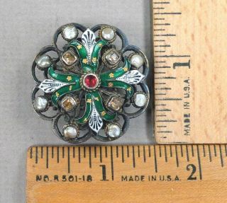 Multi - Material Antique Button,  1800s Enamel,  Pearls,  Garnet,  Open - Work Silver