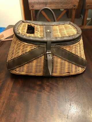Antique Vintage Wicker & Leather Fishing Creel Basket With Strap