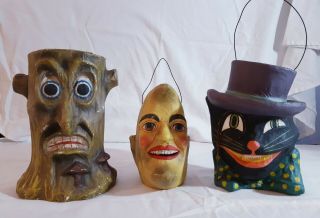 Set Of 3 Antique Halloween Paper Mache Candy Buckets Cat/spooky Tree/moonface