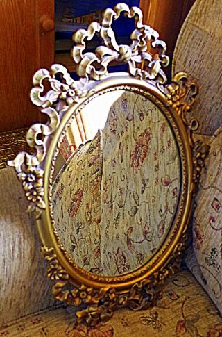 Vintage Antique Gold Ornate Rococco Style Frame Oval Wall Mirror Bows/floral 19 "