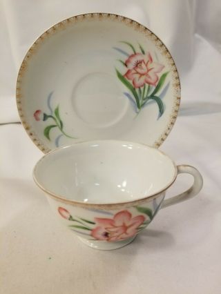 Vintage Merit Occupied Japan Tea Cup And Saucer Pink Flowers 2 1/4 " Height 13