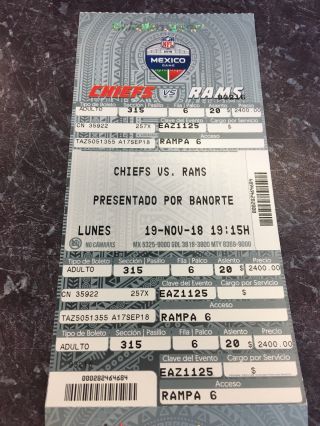 2018 Kansas City Chief Vs La Rams Mexico City Estadio Azteca Ticket Stub