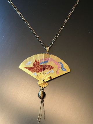 Vintage Articulated Asian Fan Pendant Chinese Dragon Heron & Gold Tone Necklace
