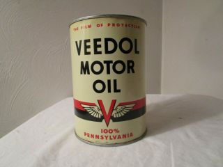 RARE VINTAGE VEEDOL Motor OIL CAN One Quart 1 Qt 100 Pennsylvania Empty 2