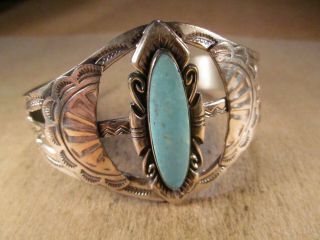 Vintage Sterling Silver & Turquoise Cuff Bracelet,  Bell Trading Post,  26g