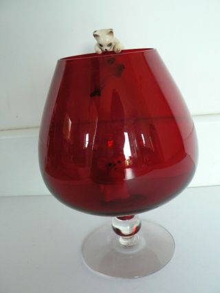 RARE VINTAGE RETRO c1960s CLIMBING CAT & MOUSE ORNAMENT SET BIG RED BRANDY GLASS 2