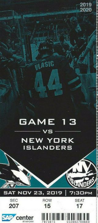York Islanders Vs San Jose Sharks Ticket Stub 11/23/19 -