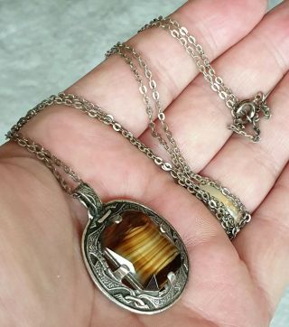 Vintage Signed Miracle Jewellery Norse Celtic Brown Banded Agate Silver Necklace