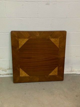 vintage wood card table,  inlaid wood design,  folding legs,  maple inlay 2