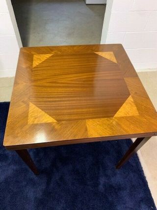 vintage wood card table,  inlaid wood design,  folding legs,  maple inlay 3