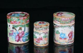 3x Chinese Canton Antique Famille Rose Porcelain Box Jar & Lid Cover C1840 Qing