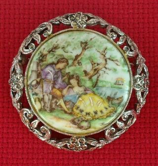 Rare Vintage Jewellery Limoges Hand Painted Porcelain Silver & Marcasites Brooch