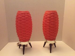 Vtg.  Orange Plastic Beehive Basket Weave Tripod Lamp Atomic Mid Century