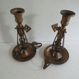 Vtg Antique Set Of 2 Copper Candle Stick Holders Handle