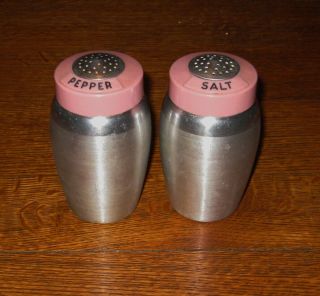 Vintage Kromex Spun Aluminum Salt And Pepper Shakers With Rare Pink Top.