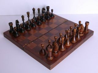 Antique Wooden Chess Set With Box