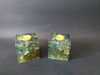 2 X Vintage Retro 1960s Green Shattaline Candlestick Candle Holders