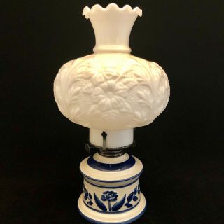 Vintage Lamplight Farms Blue & White Ceramic Oil Lamp Milk Glass Chimney Round