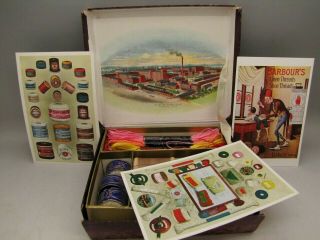 Antique Ww M Barbour Linen Thread Gift Box Vintage Cotton Reels Postcards Sewing