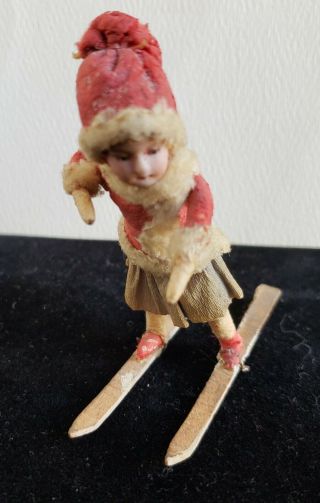 Rare German Bisque Head Doll/cotton Batting Christmas Decoration: Girl On Skis