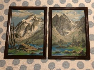 2 Vintage Framed Paint By Number Winter Mountain Scenes Sky Trees Water