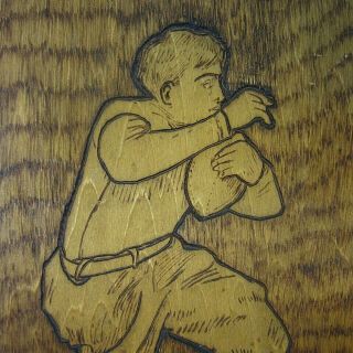Vintage Pyrography Football Rugby Player Man Wood Wall Hanging Plaque