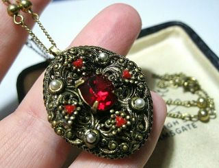 Vintage Jewellery Art Deco Czech Filigree Red Crystal Enamel Pendant Necklace