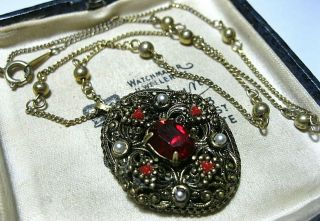 VINTAGE Jewellery ART DECO Czech Filigree Red Crystal Enamel Pendant NECKLACE 2