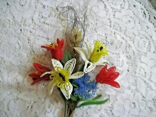 5 Vintage Glass Beaded Flowers Bouquet Daffodils/tulips/other Multicolor