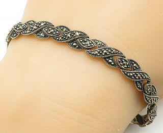 925 Silver - Vintage Marcasite Swirl X Link Dark Tone Chain Bracelet - B5366