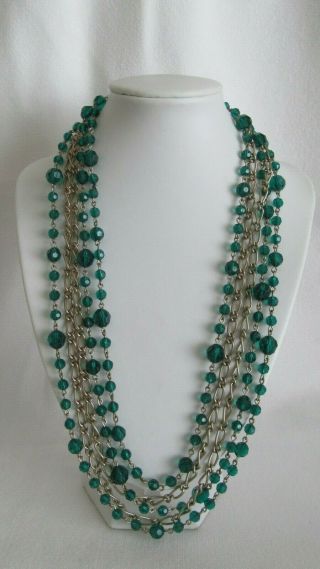 Vtg.  22 " 5 Strand Gold Tone And Faux Green Crystals Necklace W
