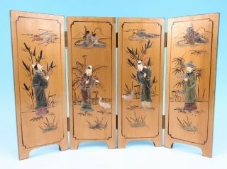 Vintage Chinese Small Table Screen Gilt Wood Inlaid Carved Stone Hardstone China