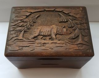 Wonderful Vintage Black Forest Swiss Carved Musical Box With Bear