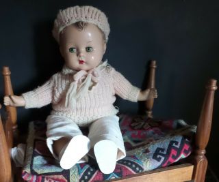 Antique Darling Composition Baby Doll Blue Tin Sleep Eyes Dressed Marked Abc