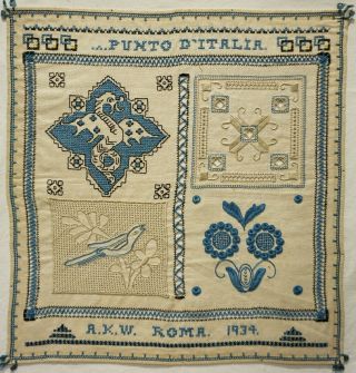 Early 20th Century Italian Pattern Sampler Initialled A.  K.  W - Roma 1934