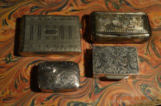 4 Old Snuff / Pill Boxes 100 Grams Sterling Silver Engraved Victorian Antique