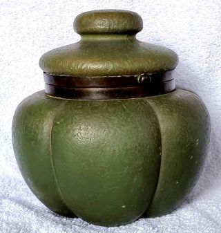 Marked Handel Ware Glass Humidor Jar Matte Green Arts & Crafts Finish W Copper
