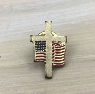 American Flag & Cross Pin - Vtg Antique Gold Metal Pin Back,  Usa,  Christian