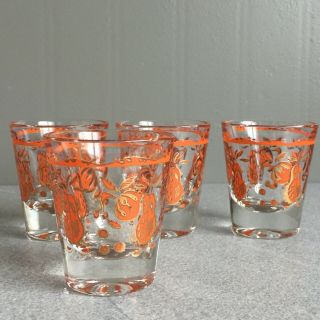 Vtg Mid Century Mod Pop Gilt Orange Fruit Briard Style Set 4 Shot Glasses