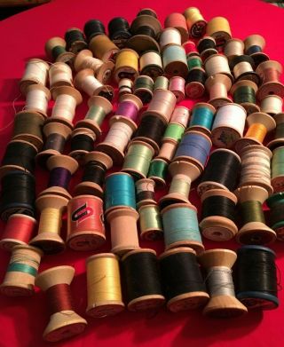 VINTAGE WOODEN THREAD SPOOLS: 191 spools,  all wood,  thread is mostly cotton 3