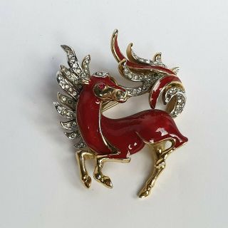 Vintage Signed A&s (attwood & Sawyer) Red Enamel Marcasite Horse Brooch