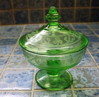 Vintage Vaseline Glass Footed/ Lidded Candy Dish